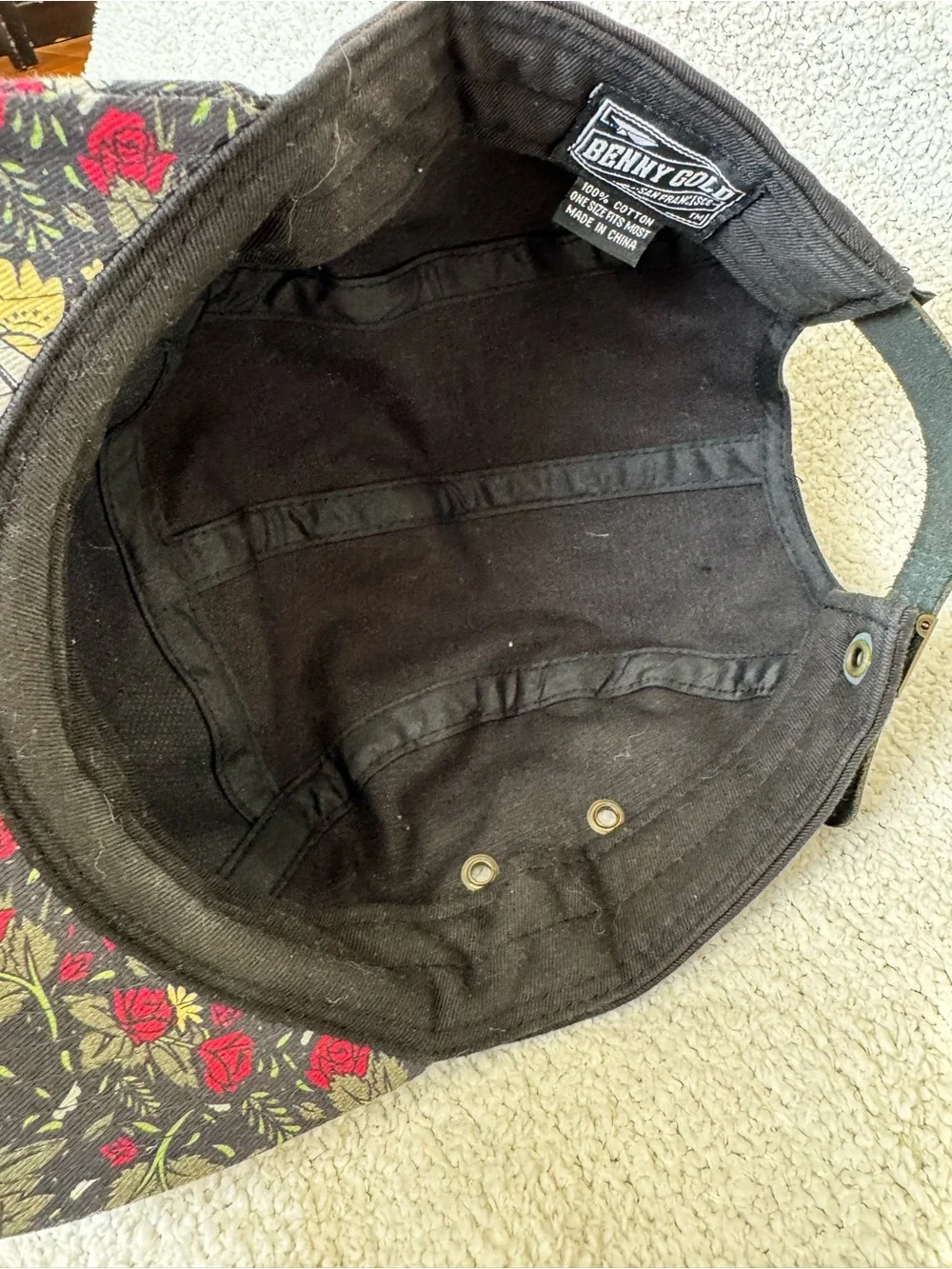 Benny Gold 5 Panel Camp Cap Black Floral Paper Airplane Brim Hat